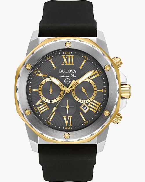 Bulova Marine Star Men s Grey Dial Chronograph Black Strap Watch Bulova